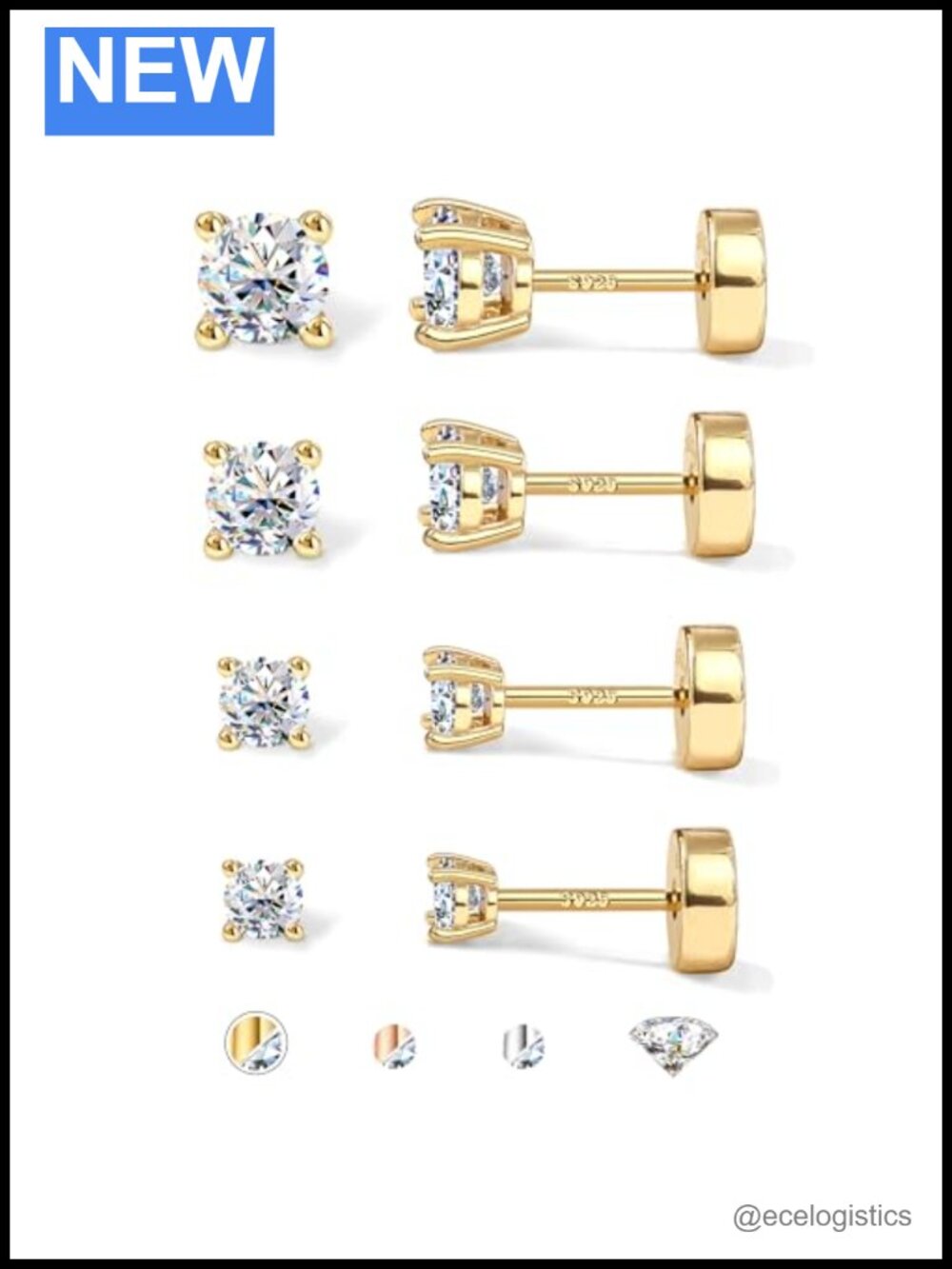 Moissanite Stud Earrings 4 Pairs 925 Sterling Silver Flat Back Screw Back